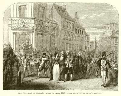 Den første dagen av frihet. Scene i Paris, 1789, etter erobringen av Bastillen av English School