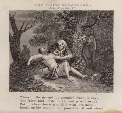 Den barmhjertige samaritan, Lukas X, ver 30, 36 (gravering) av English School