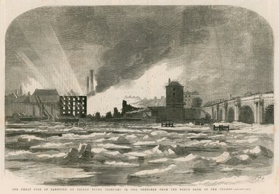 Den store brannen ved Bankside fredag kveld 14. februar 1855, skissert fra nordbredden av Themsen av English School