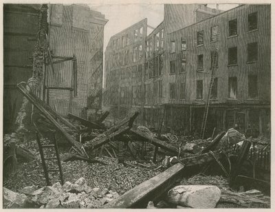 Den store brannen i Old Bailey, London av English School