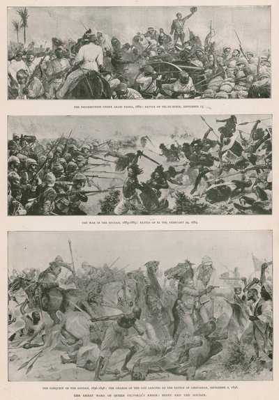 De store krigene under dronning Victorias regjeringstid: den anglo-egyptiske krigen (1882), Mahdist-opprøret (1883-1885) og den britiske erobringen av Sudan (1896-1898) (fotogravyr) av English School