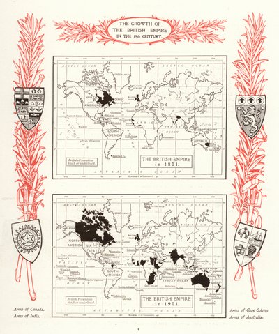 Veksten av det britiske imperiet på 1800-tallet (litho) av English School