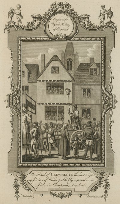 Hodet til Llewellyn, den siste regjerende prinsen av Wales, offentlig avslørt på en stolpe i Cheapside, London av English School