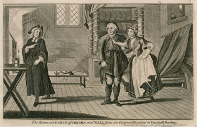 Den humoristiske farsen til Jobson og Nell fra et originalt maleri i Vauxhall Gardens, London av English School