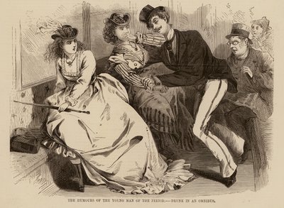 Humoren til den unge mannen fra perioden, beruset i en omnibus (gravering) av English School