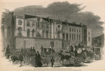 Belysningene i feiringen av Hennes Majestets bursdag - scene i Regent Street, London av English School