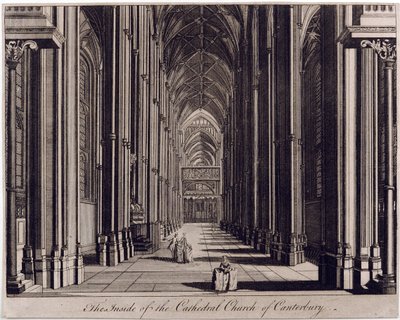 Innsiden av Cathedral Church of Canterbury", med utsikt over skipet, fra vestenden, ca. 1700-43 av English School