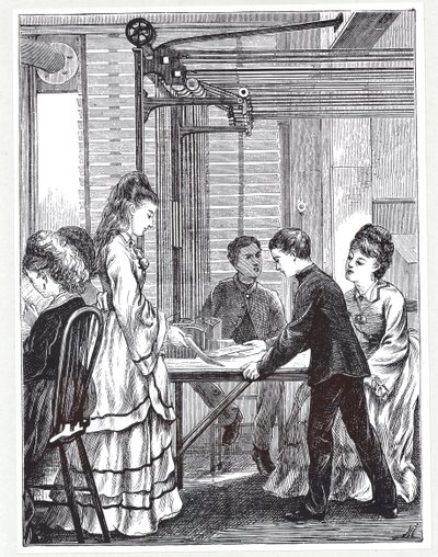 Instrumentene for å bære meldinger ved Post Office Telegraph Headquarters, Telegraph Street, London, fra The Graphic, 1871 av English School