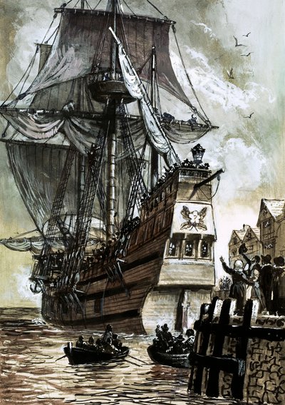 Det siste synet av pilegrimsfedrene var Southampton dock (gouache på papir) av English School