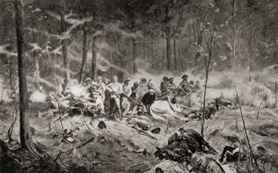 Den siste standen til major Allan Wilson på Shangani-elven, Matabeleland, under den første Matabele-krigen i 1893, etter maleriet av Allan Stewart, fra 'South Africa and the Transvaal War: Vol. 1' av Louis Creswicke, utgitt 1900 (litho) av English School