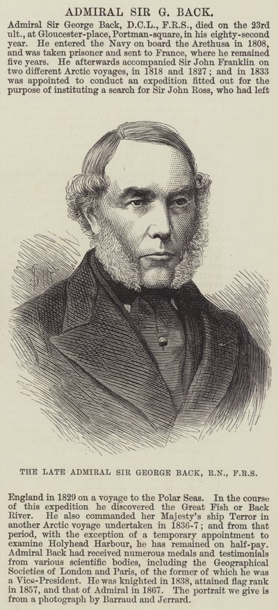 Avdøde admiral Sir George Back, RN, FRS (gravering) av English School