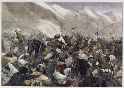 Den sene afghanske krigen: Major Wigram Battyes død i slaget ved Futtehabad 30. april (farget gravering) av English School