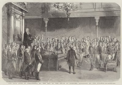 Den avdøde hertugen av Wellington i baren i Underhuset, talt av speakeren (gravering) av English School