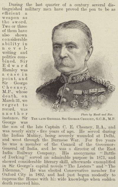 Avdøde general Sir George Chesney, GCB, MP (gravering) av English School