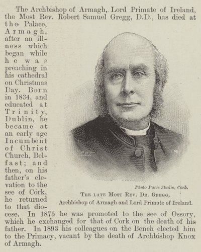 Den avdøde mest ærverdige Dr. Gregg, erkebiskop av Armagh og Lord Primate of Ireland (gravering) av English School