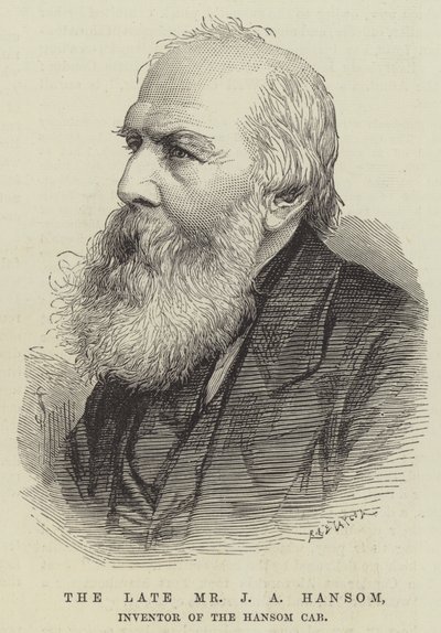 Avdøde Mr J A Hansom, oppfinner av Hansom Cab (gravering) av English School