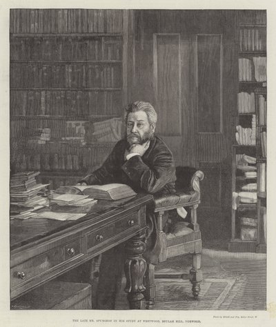 Avdøde Mr Spurgeon i hans studie ved Westwood, Beulah Hill, Norwood (gravering) av English School