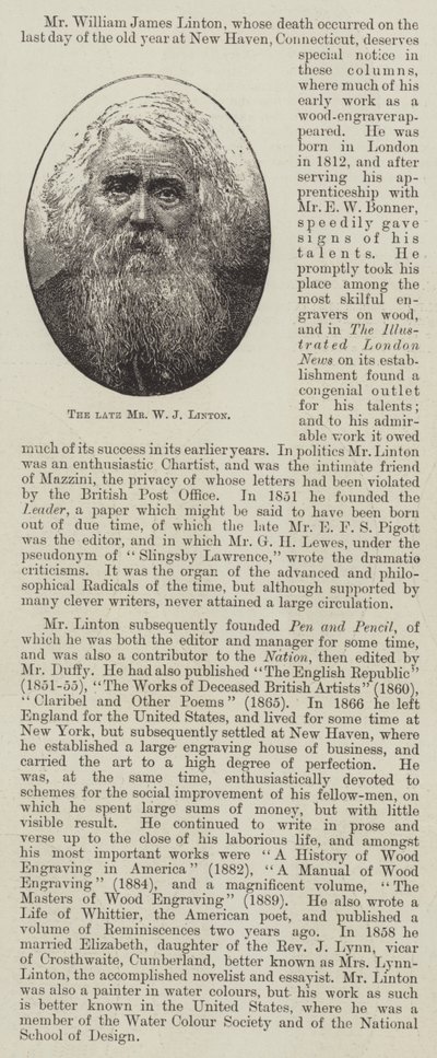 Avdøde herr WJ Linton (gravering) av English School