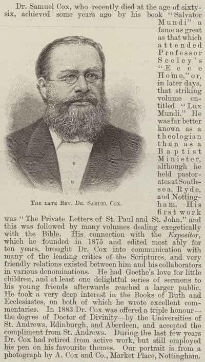 Avdøde pastor Dr Samuel Cox (gravering) av English School