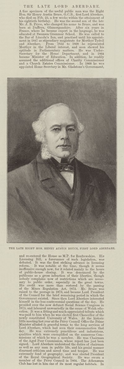 Den avdøde høyre ærede Henry Austin Bruce, First Lord Aberdare (gravering) av English School
