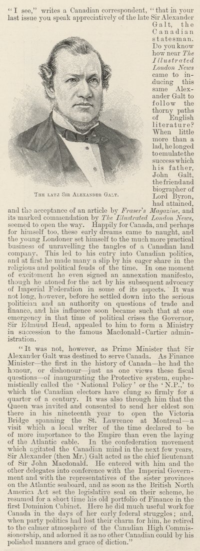 Avdøde Sir Alexander Galt (gravering) av English School