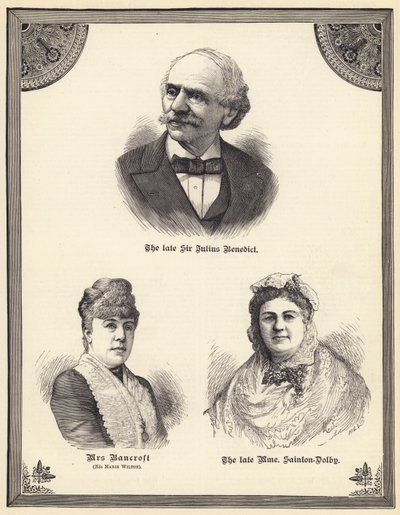 Avdøde Sir Julius Benedict, fru Bancroft (nee Marie Wilton), avdøde Madame Sainton Dolby (gravering) av English School