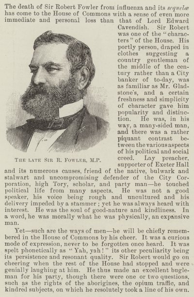 Avdøde Sir R Fowler, MP (gravering) av English School