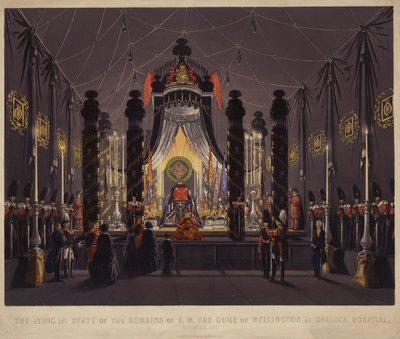 Det som ligger i tilstanden til restene av F M The Duke of Wellington ved Chelsea Hospital, november 1852 (farget gravering) av English School