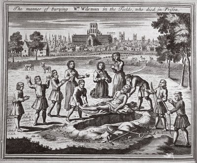 Måten å begrave Wm Wiseman i markene, som døde i fengsel, illustrasjon fra Foxes Martyrs ca. 1703 av English School