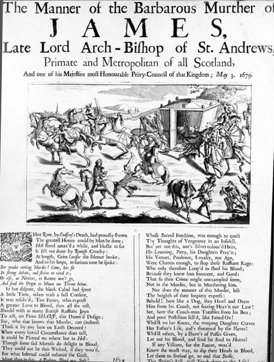 Måten på det barbariske drapet på James, avdøde Lord Erkebiskop av St. Andrews, Primate and Metropolitan of all Scotland, 1679 av English School