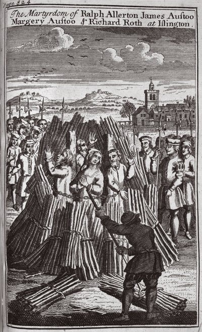 Martyrdøden til Ralph Allerton James Austoo, Margery Austoo og Richard Roth i Islington, illustrasjon fra #39;Foxes Martyrs#39; ca. 1703 (lito) av English School