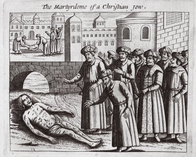 Martyrdøden til en kristen jøde, illustrasjon fra Acts and Monuments av John Foxe, niende utgave, pub. 1684 av English School