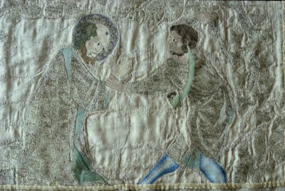 Martyrdøden til en helgen, detalj fra fronten av Steeple Aston Cope, ca. 1340-tallet (forgylt sølvtråd og farget silke på fawn silke twill) av English School