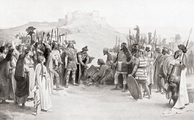 Møtet mellom Hannibal og Ceutrones, en keltisk stamme fra det gamle Gallia, under hans kryssing av Alpene i 218 f.Kr., fra Hutchinsons History of the Nations, pub.1915 av English School