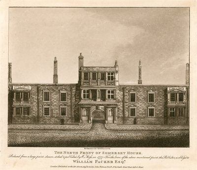 Nordfronten av Somerset House, The Strand, London, basert på et trykk tegnet av W. Moss i 1777 av English School