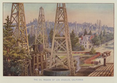 Oljeregionen i Los Angeles, California (farge litho) av English School