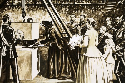 Åpningen av Albert Hall av den aldrende dronning Victoria i 1871 av English School