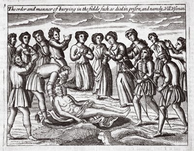 Rekkefølgen og måten å begrave i feltene som døde i fengsel, og nemlig Will Wiseman, illustrasjon fra Acts and Monuments av John Foxe, niende utgave, pub. 1684 av English School