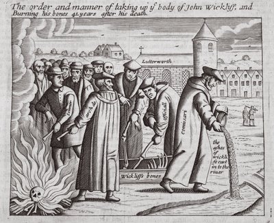 Rekkefølgen og måten å ta opp liket av John Wickliff og brenne beinene hans 44 år etter hans død, illustrasjon fra Acts and Monuments av John Foxe, niende utgave, pub. 1684 av English School