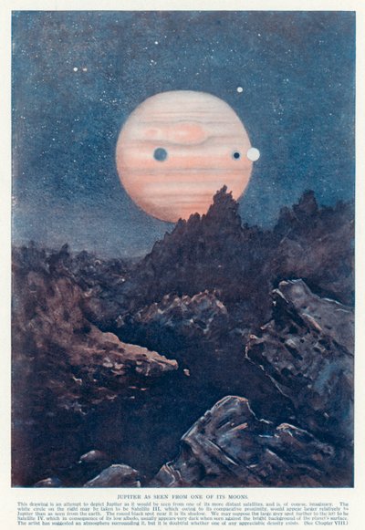 Planeten Jupiter sett fra en av dens måner (farge litho) av English School
