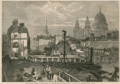 Jernbanen fungerer ved Blackfriars og åpner seg mot Ludgate Hill, London, sett fra den midlertidige broen av English School