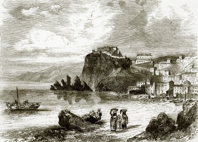 Steinen og byen Scylla, kysten av Sicilia av English School