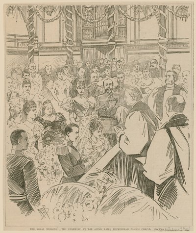 Det kongelige bryllupet, seremonien ved alterskinnene, Buckingham Palace Chapel, 23. juli 1896 av English School