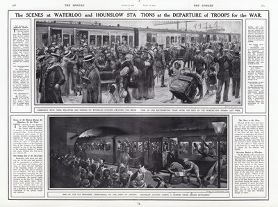 Scenene på Waterloo- og Hounslow-stasjonene ved avgang av tropper for krig, første verdenskrig, august 1914 av English School