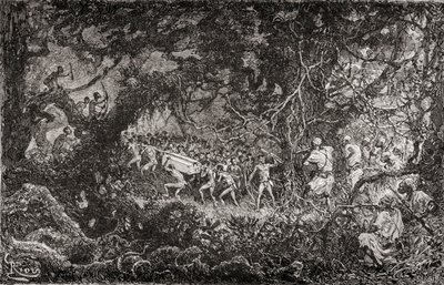 Speiderne på Sir Henry Morton Stanleys Emin Pasha-hjelpsekspedisjon i Afrika i 1888 oppdager pygmeer som bærer bort en kasse med ammunisjon, publisert 1890 av English School