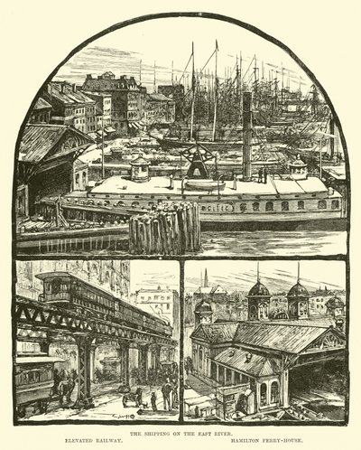 Skipsfarten på East River; Forhøyet jernbane; Hamilton fergehus av English School