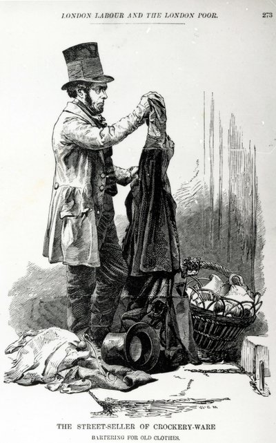 Gateselgeren av servise som byttet for gamle klær, ca. 1840 av English School