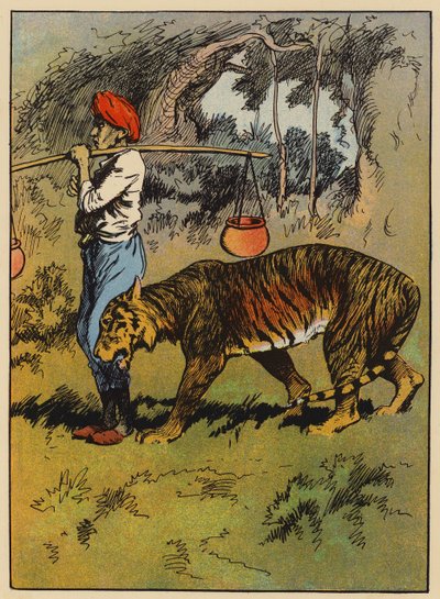 Tigeren gnir seg mot mannens ben (farge litho) av English School