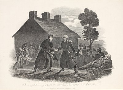 Det uventede møtet mellom Lord Wellington og Blucher på La Belle Alliance, pub. T Kelly, 1811 av English School