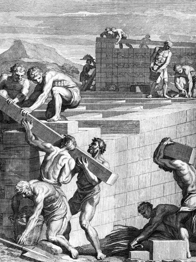 Murene til byer blant gallerne er bygget av alternative lag av steiner og bjelker, gravert av Cornelis Huyberts, illustrasjon til Caesars Commentaries oversatt til engelsk av William Duncan, av English School